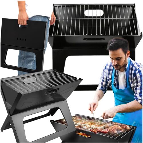 Collage des tragbaren Grills in Gebrauch und zusammengeklappt zum Tragen