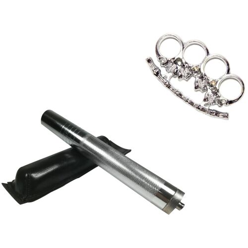 Teleskopischer Schlagstock-Set mit silberner Oberfläche und Totenkopf-Schlagring