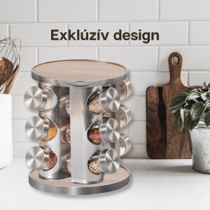 Drehbarer Gewürzregal mit 12 Glasbehältern, Edelstahl und Holzdesign - Lagerung & Organisation