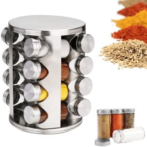 Stojak na przyprawy z 16 szklanymi słoikami, pokazujący różne przyprawy w środku i kilka dodatkowych słoików z boku - Przechowywanie i sortowanie