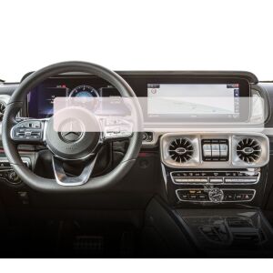 Folia ochronna Duragon zainstalowana na ekranie nawigacji i zestawie wskaźników Mercedes Benz G-Class W464 - Radio samochodowe