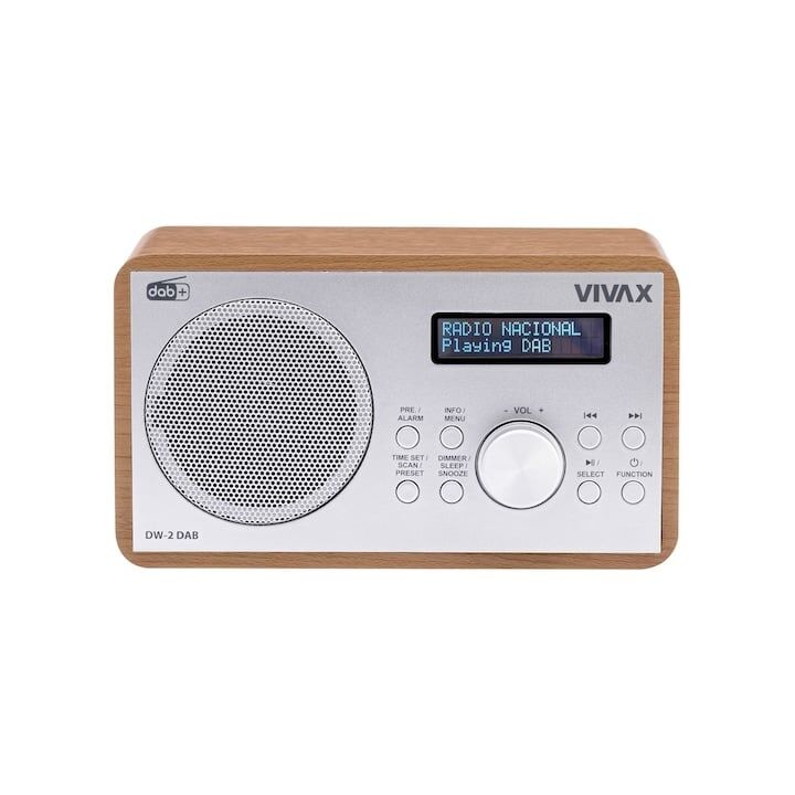 Radiobudzik Vivax DW-2 DAB, 5 W, FM, DAB+, Bluetooth, wyświetlacz LED, 30 zaprogramowanych stacji, obudowa drewniana, brązowy