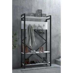 Stativ de hol pentru hol din metal negru și lemn alb cu cârlige pentru haine și rafturi pentru pantofi, Cuier Berceste - Seturi mobilier de hol