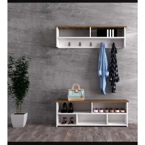 Set de mobilier pentru hol alb și maro cu suport pentru haine, raft pentru pantofi și compartimente de depozitare - Seturi mobilier de hol