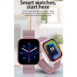 Okosóra, SmartWatch Y13, Bluetooth hívás, fizikai aktivitás és pulzusmérő, kalóriaégetés követése, véroxigénszint-mérés, vérnyomásmérő, alvásfigyelő, lépésszámláló, vízálló 3ATM, Android és iOS kompatibilitás, stílusos megjelenés, fém karkötő + szilikon szíj, pink