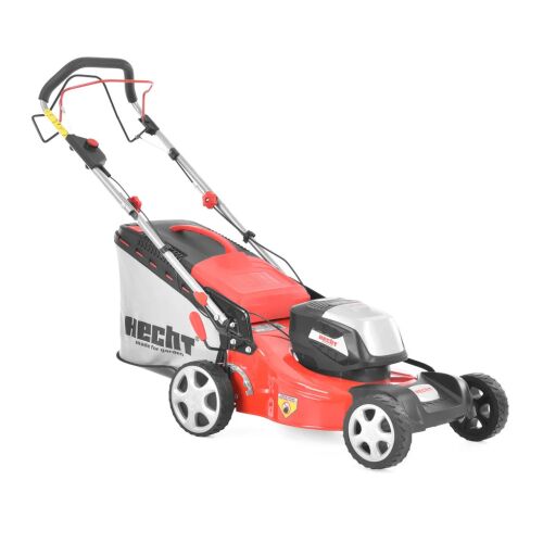 Hecht 5041 S akkumulátoros fűnyíró, piros és ezüst színben, fűgyűjtővel