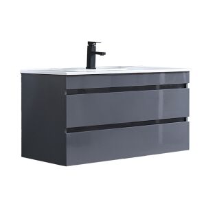 Cube 100 grauer Badezimmerschrank mit Keramikwaschbecken und zwei Schubladen - Leziter Badezimmerschrank