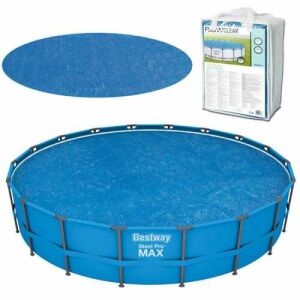 Bestway Flowclear Solar Pool Abdeckung für 549 cm Pools, Produktaufnahme mit Verpackung und Pool - Solarabdeckungen