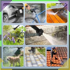 Colaj cu utilizările duzei de spălare cu presiune reglabilă Real Garden 6 în 1: spălarea mașinii, curățarea bicicletei, spălarea punții, udarea florilor, curățarea pereților de piatră, spălarea unui câine, curățarea unei terase, curățarea acoperișului - Accesorii aparate de spălat cu presiune