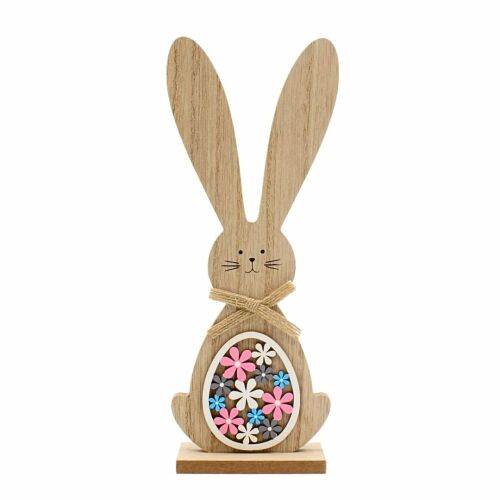 Ozdobný zajačik s kvetinovým vajíčkom v náručí, vyrobený z dreva, 25 cm, Jumi 125034681