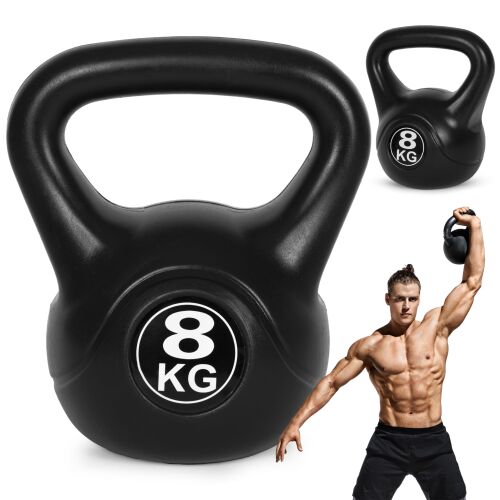 Czarny kettlebell ModernHome 8 kg z przykładem użycia