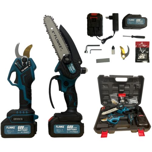 Flinke 14 részes professzionális ágvágó szett, akkumulátoros láncfűrész, metszőolló, teleszkópos hosszabbító kar, akkumulátorok és kiegészítők