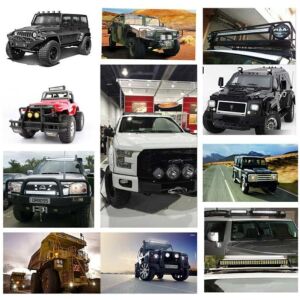 Colaj de diferite vehicule cu bara de lumini LED de 288W instalată, demonstrând versatilitatea sa. - Lumini auto