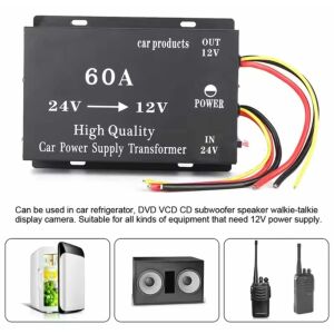 24V-12V 60A Step Down átalakító, Autós tápellátó transzformátor, hűtőszekrényhez, DVD-hez, CD-hez, mélynyomóhoz, hangszóróhoz, walkie-talkie-hoz, kijelzőhöz, kamerához - Autóelektronika