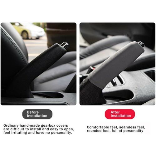 Grauer Handbremshebelschutz vor und nach der Installation in einem Auto