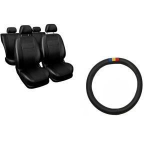 Set huse universale pentru scaune auto, negru, cu husa volan cu steagul Romaniei - Huse pentru scaune auto