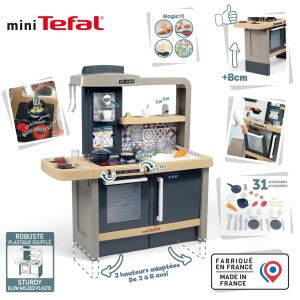 Smoby - bucatarie Tefal Evo - bucatarie pentru copii cu chiuveta, aragaz, zona de luat masa, multe accesorii, robinet, tigaie magica pentru clatite 125050651 - Bucatarie pentru copii
