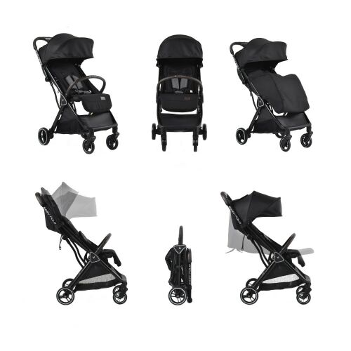 Kollázs a Cangaroo Easy Fold babakocsi jellemzőiről és összecsukó mechanizmusáról