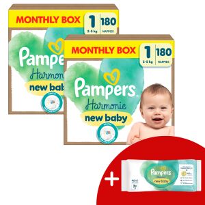 Pampers Harmonie 2 Miesięczny Zestaw Pieluszek 2-5kg Newborn 1 (360szt) + Chusteczki w prezencie 145220636 - Pampers Pielucha