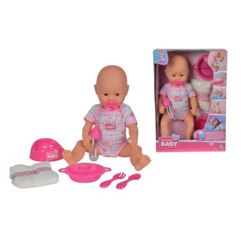 Lalka Simba New Born Baby z akcesoriami, w tym butelką, nocnikiem, miską, łyżką, widelcem i pieluchą