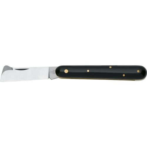 DUE CIGNI grafting knife with carbon steel blade and black nylon handle.
