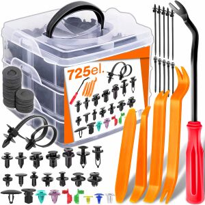 725 db-os klipsz és szerszámkészlet NewEvo, autóbelsőhöz, rádióhoz, ajtólapokhoz, műszerfalhoz, műanyag, univerzális 126694870 - Jármű karosszéria rögzítő