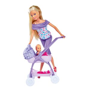Steffi baba lila nadrágban és babakocsival