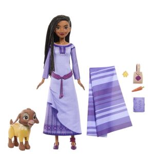 Disney Wish Asha baba szett Valentino kecske figurával, lila ruhával, kiegészítőkkel és takaróval - Mattel Baba