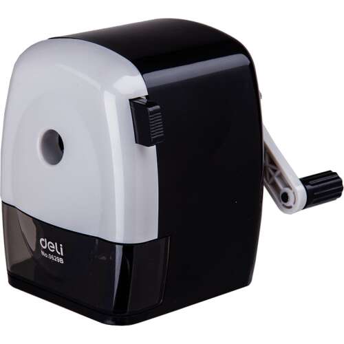 Deli No. 629B dual function pencil sharpener, black and white, for standard and thick pencils