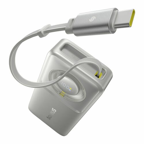 Szürke Baseus Free2Pull 10000mAh power bank USB-C kábellel, ferde nézet