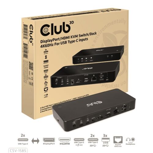 Club 3D CSV-1585 KVM Switch priključna stanica s USB-C, HDMI, DisplayPort, USB-A i RJ45 priključcima