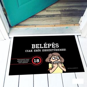 Vicces lábtörlő 'Belépés csak erős idegzetűeknek' szöveggel és rajzfilmfigurával. - Vicces ajándék