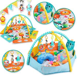 Momi Baby Spielmatte mit Aktivitätszentrum, Zootiere Thema, Mehrfarbig, mit Hängespielzeug, Ballgrube und Kissen - Babys & Toddler