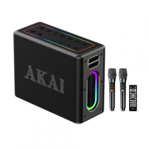 Boxă portabilă Bluetooth Akai cu 2 microfoane wireless, telecomandă și lumini LED - Boxe Portabile
