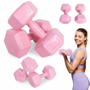 ModernHome 4kg Pink Hex Dumbbell Set with Usage Examples - ModernHOME