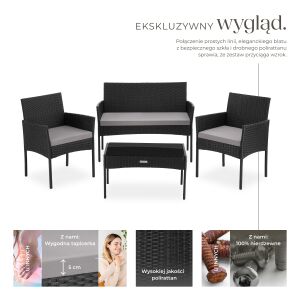 Zestaw mebli ogrodowych z rattanu Tectake Palese dla 4 osób z czarną ramą i szarymi poduszkami - Ogrodowy zestaw do jadalni