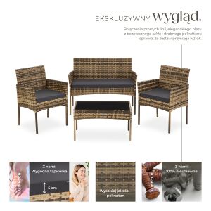 Zestaw mebli ogrodowych z rattanu Tectake Palese dla 4 osób, z 2 krzesłami, sofą i stolikiem kawowym, z czarnym szklanym blatem, czarnymi poduszkami i brązową rattanową ramą - Ogrodowy zestaw do jadalni