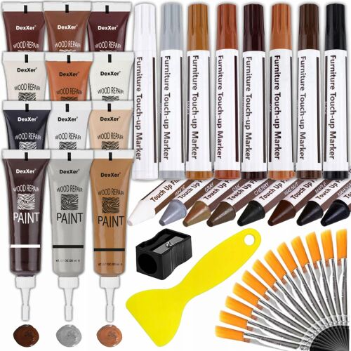 Kit reparatii suprafete din lemn NewEvo, 8 Markere cu Cerneala Uleioasa, 8 Creioane Cerate, 12 Tuburi Vopsea, 12 Pensule, Ascutitoare 125156397