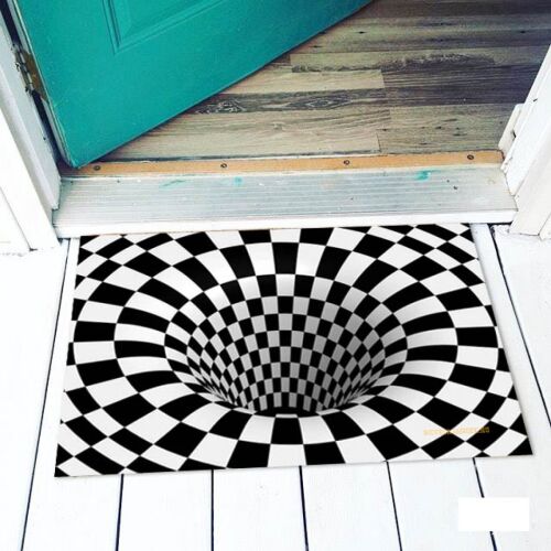 Vicces lábtörlő 3D optikai illúzióval. Fekete-fehér kockás minta, örvény hatást keltve.