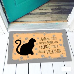 Vicces lábtörlő macskával és a következő felirattal: A gazdag ember ruháján márka van, a boldog ember ruháján macskaszőr! - Vicces ajándék