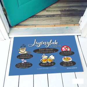 Vicces lábtörlő 'Legénylak szabályok' mintával. Humoros üdvözlő szőnyeg férfiak lakásába. - Vicces ajándék