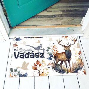 Vicces lábtörlő 'A Legjobb Vadász' dizájnnal, szarvas és fácán illusztrációval - Vicces ajándék
