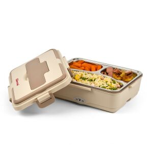 Girmi SC03 Electric Food Warmer Lunch Box, beige, with lid open, showing 3 compartments with food - Food carrier