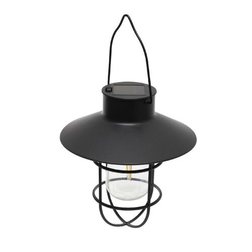 Szögletes nézet a Home MX655 napelemes kerti lámpáról, fekete fémkeret, meleg fehér fény