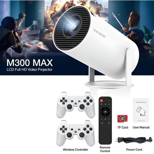 Proiector video M300 MAX LCD Full HD cu două controlere wireless, telecomandă, cablu de alimentare, card TF și manual de utilizare