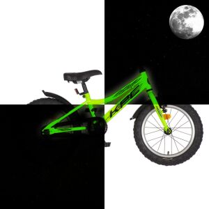 KPC FluoBike Raptor 16 colos világító neonzöld gyerek kerékpár, nappali és éjszakai nézet - Sport & Szabadidő