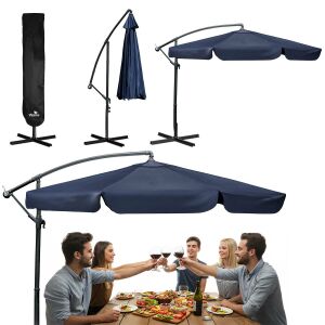 Plonos 3.5m dark blue cantilever parasol with cover and usage examples - Awning & Shade