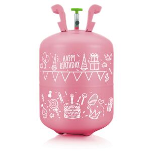 Butla z helem Ricokids do balonów, 0,20 m3, różowa, z nadrukiem Happy Birthday - Ricokids