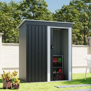 Pepita galvanized steel garden shed in gray with open door and garden tools inside - Garden storage crate