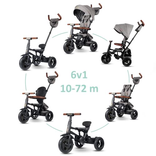 QPLAY Rito Deluxe 6 in 1 Tricycle, Grey, 10-72 months, multiple views